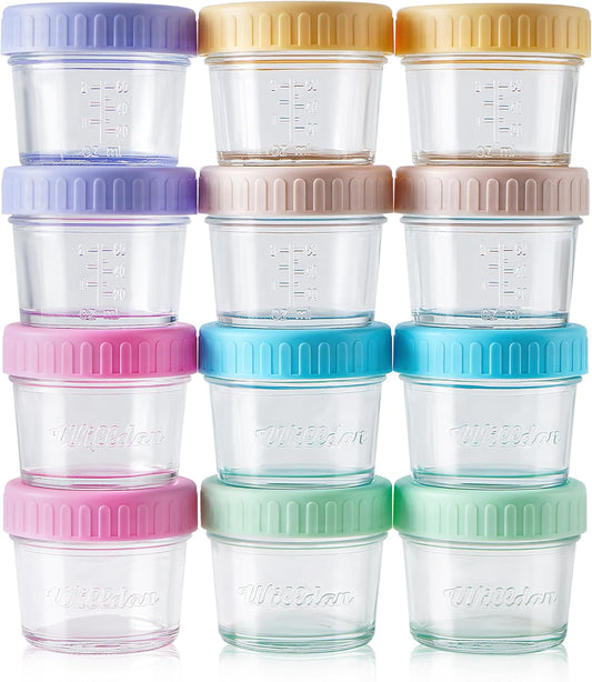WILLDAN Glass Baby Food Storage Jars w/Lids (4 oz, 12 Pack Set) Snack, Puree, Reusable Small Containers, Breast Milk, Fridge or Freezer, Microwave & Dishwasher Safe, Essential Must Have for Infants