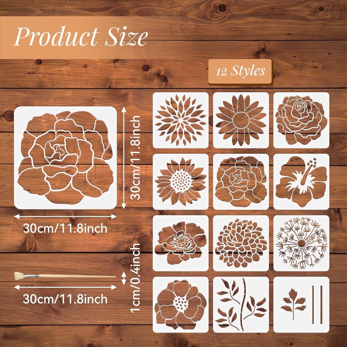 12PCS Large Flower Stencils for Painting on Wood 12 x 12 Inch Giant Wall Stencil with Brushes Large Pattern Floral Stencils Sunflower Paint Stencil for Walls Garden Fence Furniture