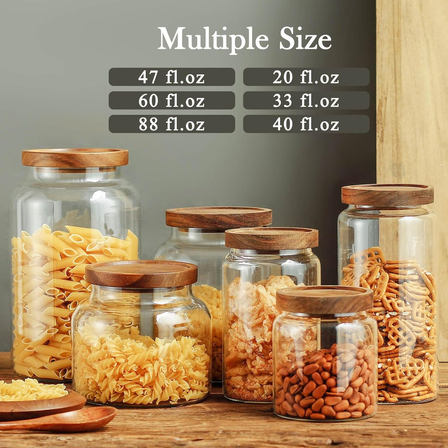 Labina Glass Storage Container Airtight Food Jars Kitchen Canister with Wood Lids, 60 Oz Wide Mouth Pantry Organization Glass Jar for Flour, Sugar, Cookie, Spagetti, Nuts and Candy (2 Pack)