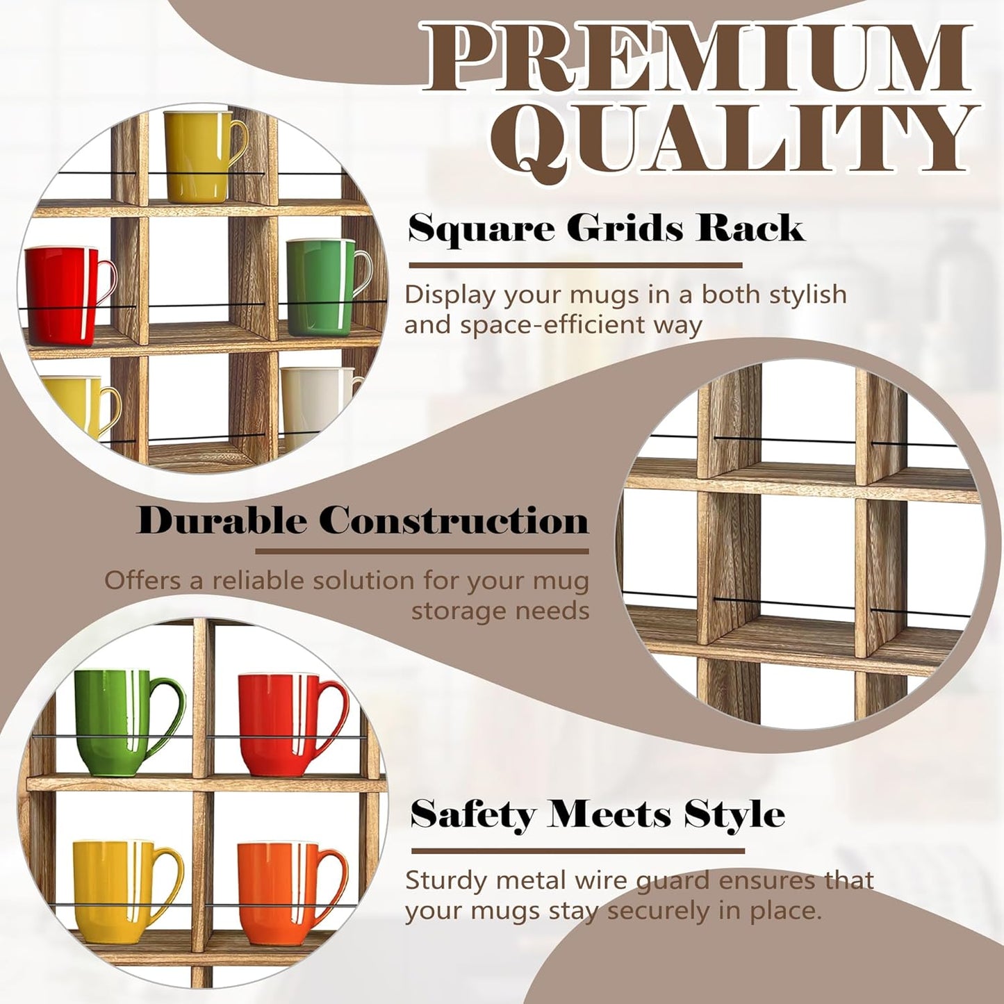 Montex Coffee Mug Holder, Mug Rack Wall Mounted, 3 Tier Coffee Mug Shelf, Rustic Coffee Mug Display Rack for Kitchen, Home, Coffee Bar(16 Grids)