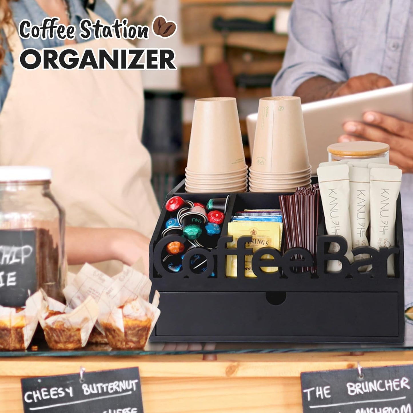 Coffee Bar Organizer for Countertop – Wooden Coffee Station with Black Drawer, Tea and K Cup Storage Rack, Coffee Pod Holder for Home and Office Counter Organization