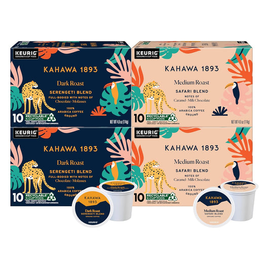 Kahawa 1893 Variety Pack Coffee K-Cup Pods - Safari & Serengeti Blend (40 Count) - As Seen on Shark Tank, 2 Boxes Medium Roast + 2 Boxes Dark Roast, Ethically & Sustainably Sourced