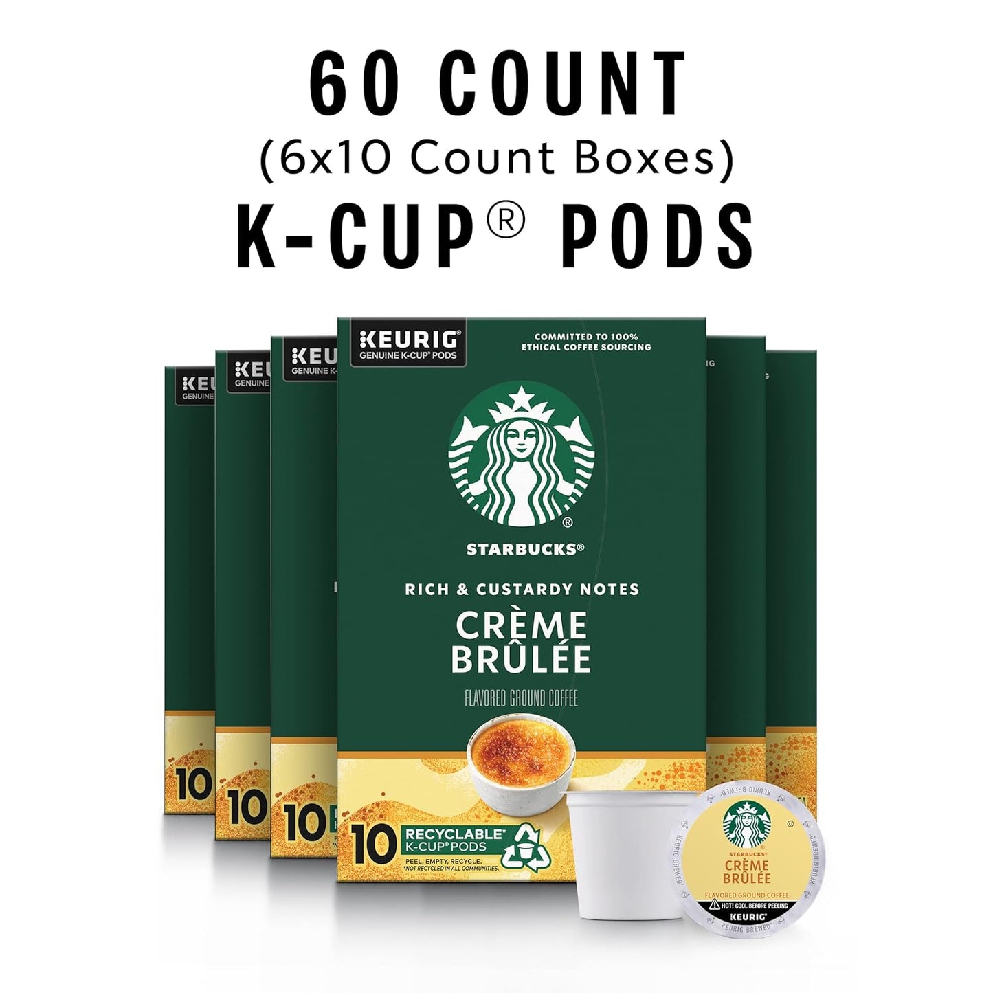 Starbucks K-Cup Coffee Pods, Crème Brûlée Flavored Coffee, Naturally Flavored, 100% Arabica, 6 boxes (60 pods total)