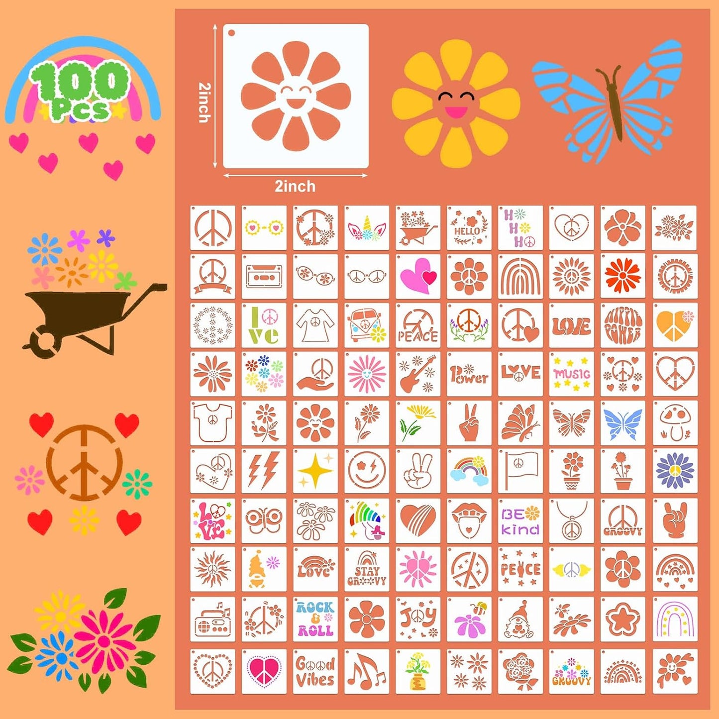 Fainne 100 Pcs Stencils for Painting on Wood Reusable Stencil Crafts Drawing Templates Holiday Wall Paper for DIY Scrapbook Home 2 x 2 Inch (Groovy Party)