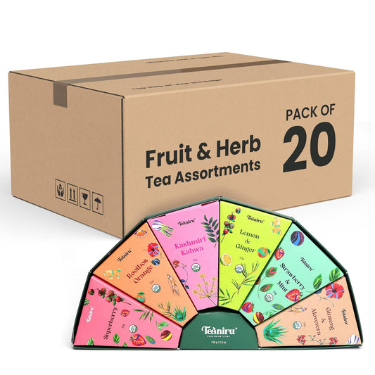 Teaniru, Fruit & Herb Tea Assortment - Pack of 20 | 6 Exotic Flavors x 25 g | Tea Gift Box for Family, Friends & Employees | Bulk Gifts for Corporates & Clients