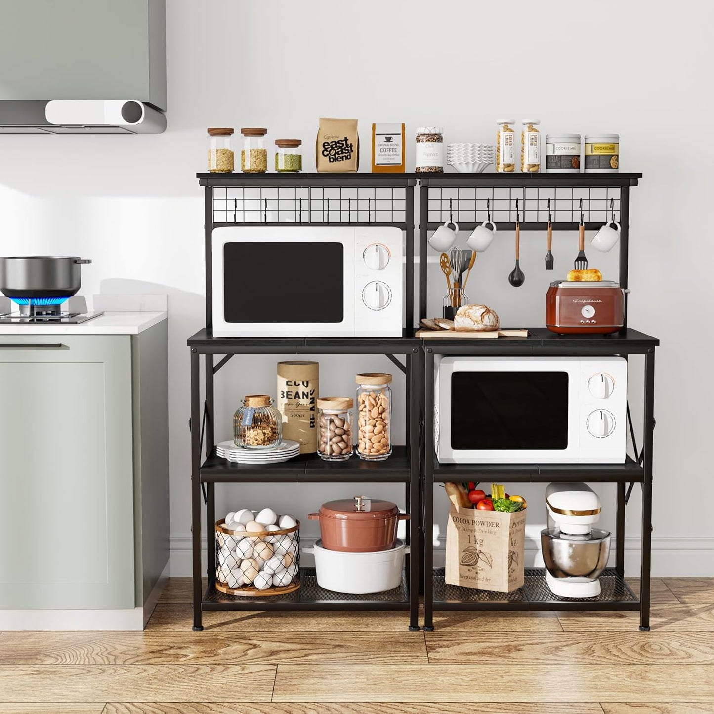 Furologee Kitchen Bakers Rack with Hutch, Coffee Bar Station 4 Tiers, Microwave Oven Stand with 6 S Hooks and Pegboard, Kitchen Microwave Rack for Spice Organizer Workstation, Black