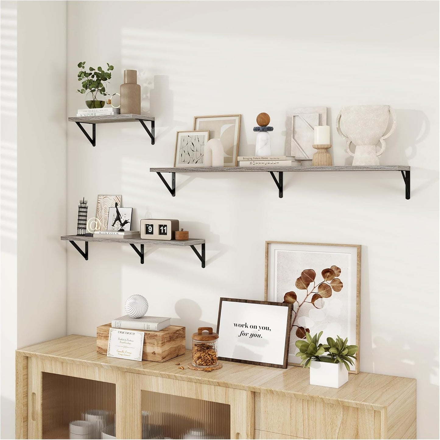 Dreamland Grey Floating Shelf 36 inch, 36W x 8D Wall Mounted Shelves Set of 2, Wide Display Ledge Shelf with Sturdy Metal Brackets for Living Room, Bathroom, Bedroom and Kitchen