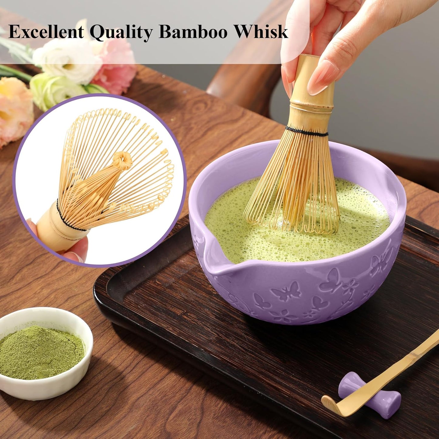 Matcha Whisk Ceramic Matcha Whisk Set Bamboo Whisk, Bowl With Spout, Powder Starter Sifter, Ceramic Whisk Holder, Tea Towel, Scoop and Scoop Rest for Matcha Tea Ceremony Purple