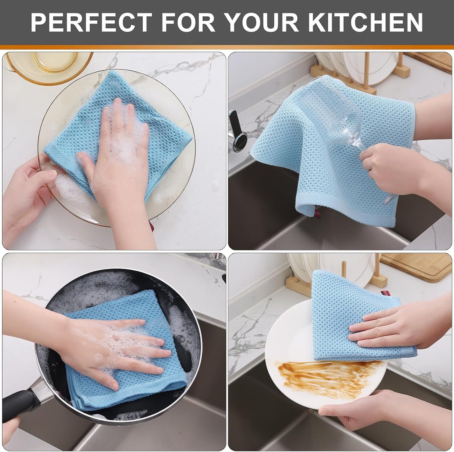 Kitinjoy 100% Cotton Kitchen Dish Cloths (12 X 12 Inches, Sky Blue),8 Pack Waffle Weave Ultra Soft Absorbent Dish Towels for Drying Dishes Quick Drying Kitchen Towels Dish Rags