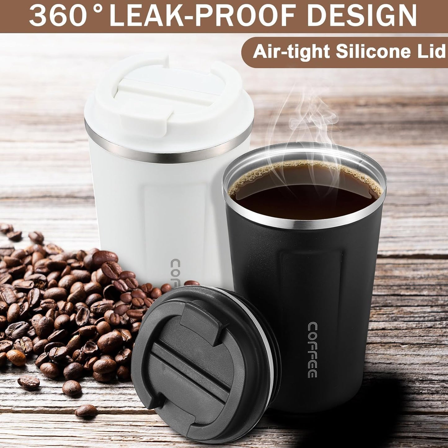 6 Pack Travel Coffee Mugs 12oz Double Wall Insulated Coffee Cups Bulk with Lid Vacuum Stainless Steel Leak Proof Reusable Portable Tumblers for Cold and Hot Drinks(Black, White, Pink)