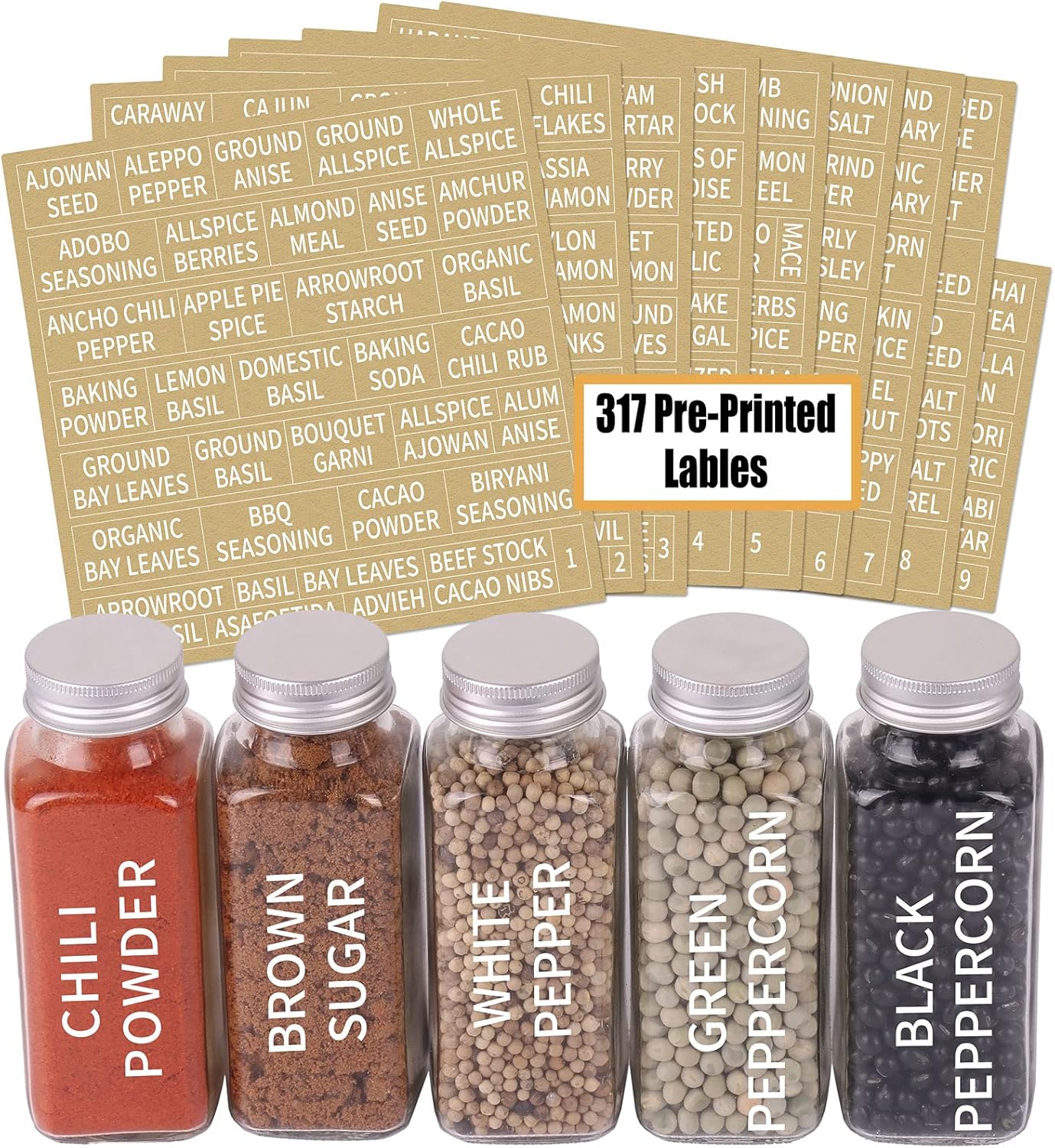 SWOMMOLY 25 Glass Spice Jars 8 oz Empty Spice Bottles with 713 Spice Labels, Chalk Marker and Funnel Complete Set. 25 Square Seasoning Containers with Airtight Cap, Pour/sift Shaker Lid