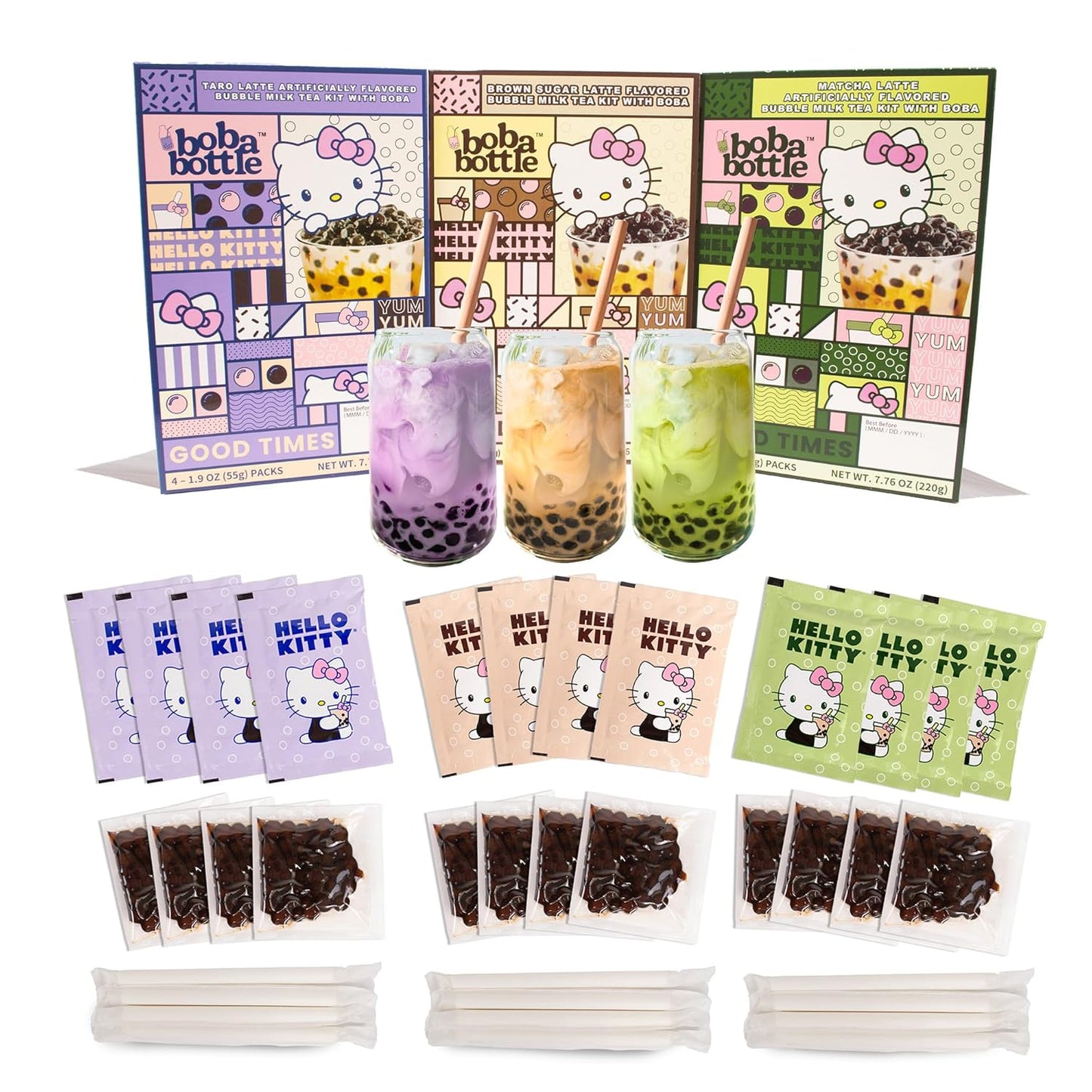Hello Kitty Instant Boba Milk Tea Variety Kit, Brown Sugar, Taro, Match Flavor, with Taiwan Tapioca Pearls, Paper Straws Included (12 Servings)