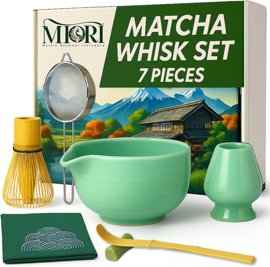 Matcha Whisk Set - 7pcs Matcha Set Including Bamboo Whisk, Bowl with Spout, and Accessories | All-in-One Matcha Kit for Matcha Latte Lovers | Japanese Matcha Set Whisk And Bowl for Tea Ceremony