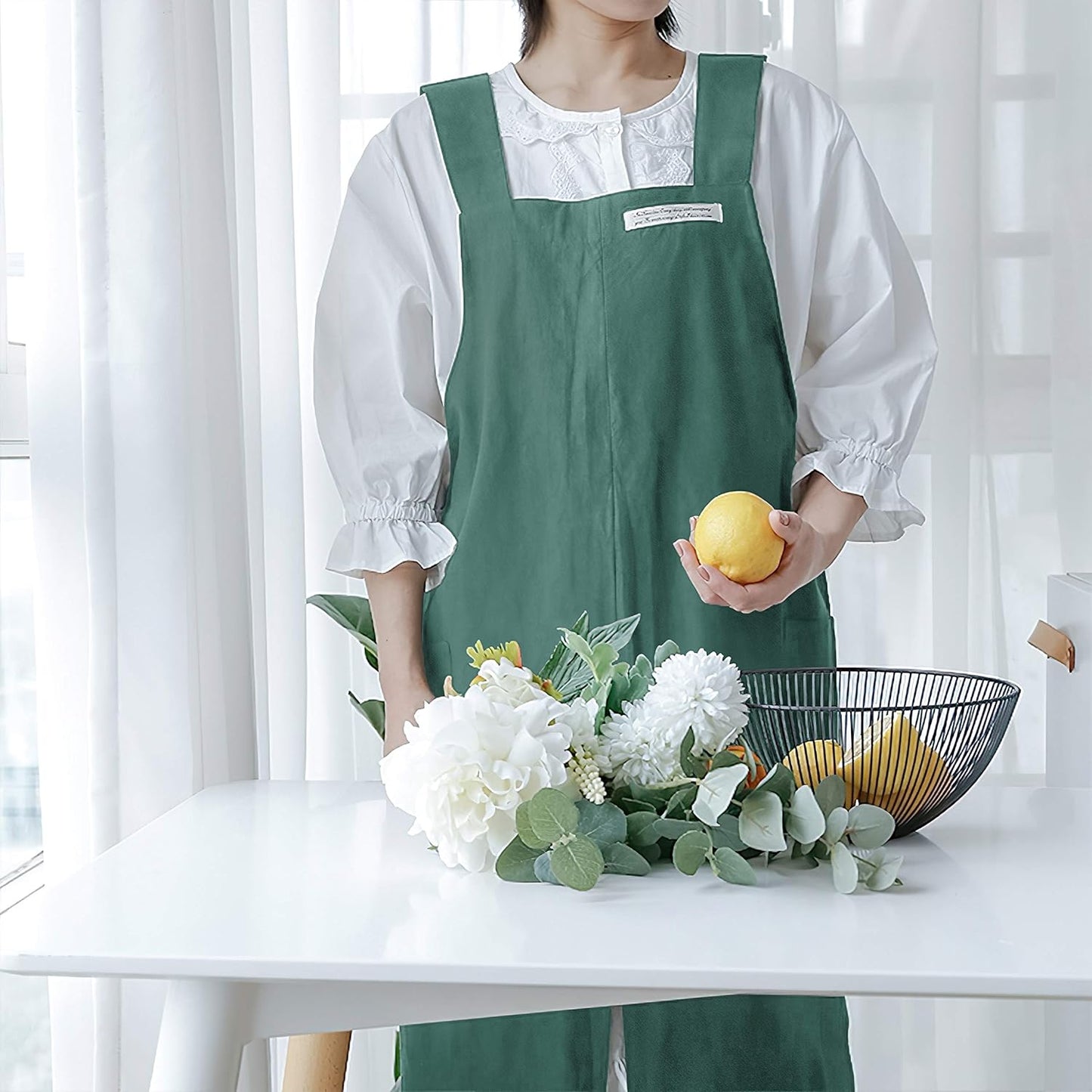 HANEE Cotton Aprons for Women and Men | Cross-Back Apron with Pockets