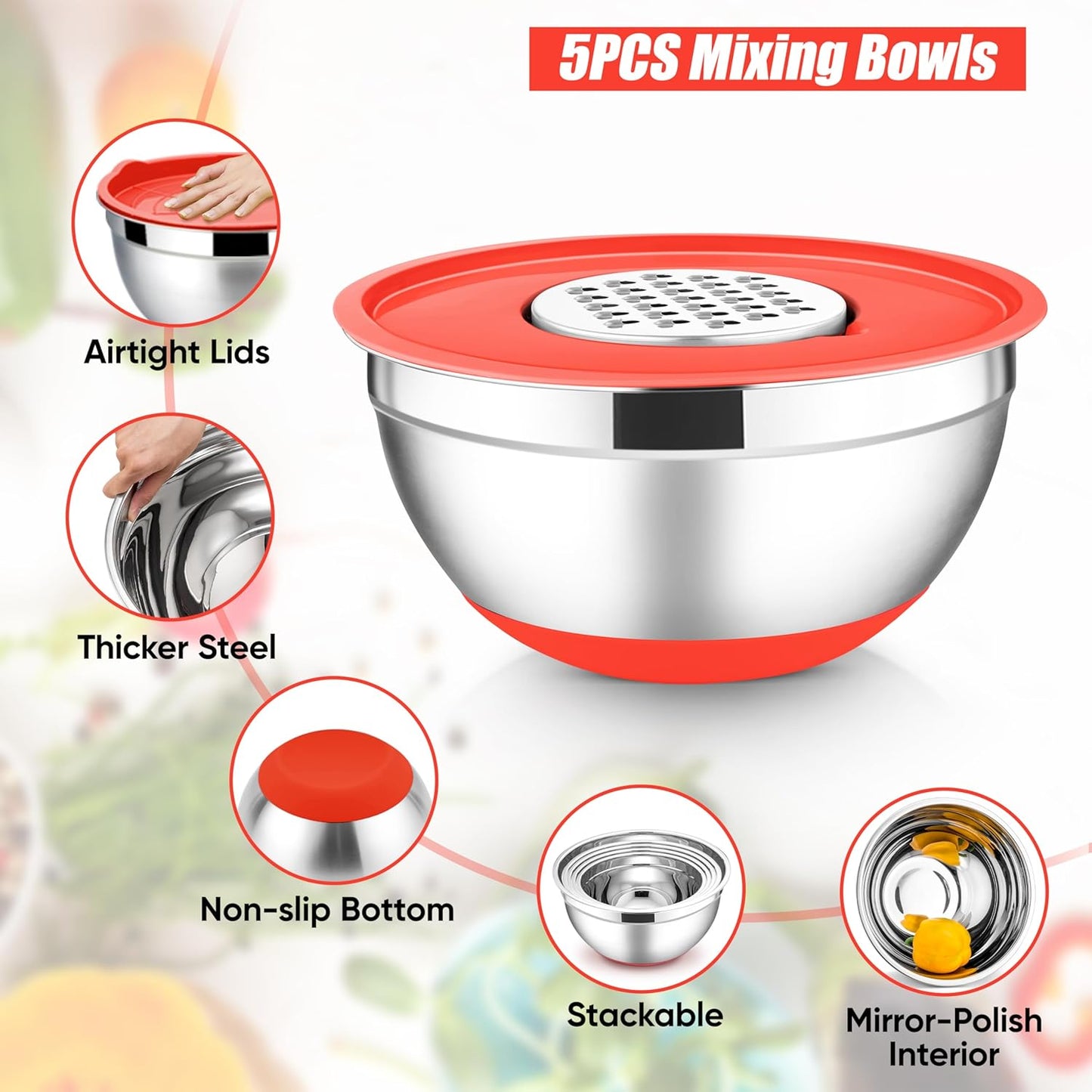 E-far Stainless Steel Mixing Bowls with Lids Set, 5-Piece Nesting Salad Bowls with 3 Grater Attachments and Non-Slip Bottoms, Size 4.6, 2.6, 2, 1.5, 1QT for Kitchen (Red)