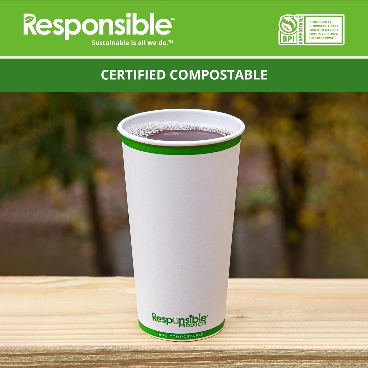 Certified Compostable 20 oz Paper Cups, Cold ＆ Hot Coffee Cups, Disposable Paper Cups, Extra Strength Disposable Cups, Made without PFAS (50 count)