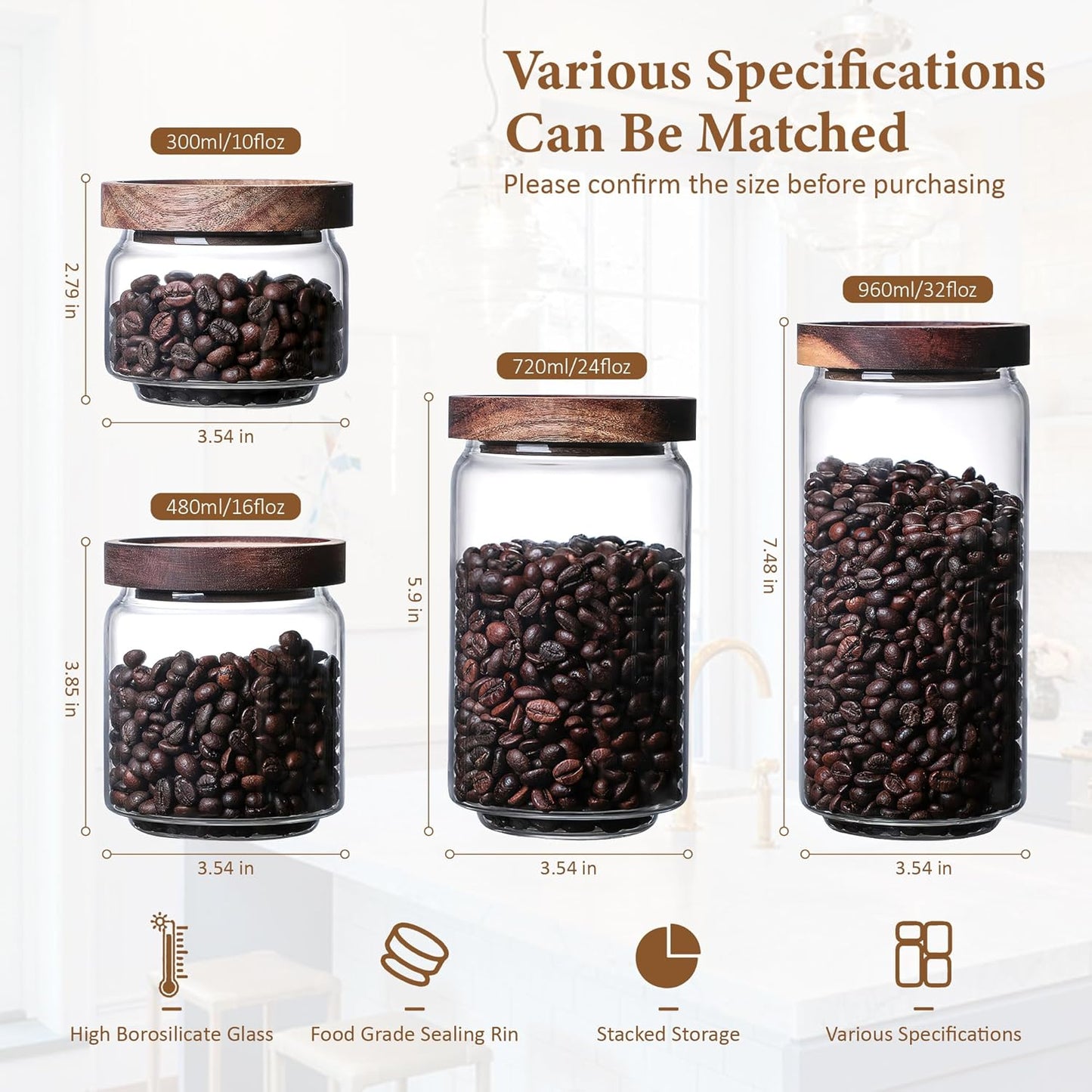 480ML/16Oz Clear Cute Glass Storage Canister Holder with Stackable Airtight Wood Lid, Modern Decorative Small Container Jar for Coffee, Spice, Candy, Salt, Cookie, Condiment, Pepper, Sugar
