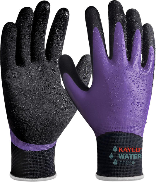 KAYGO Waterproof Work Gloves for Men and Women, Rubber Coated Non-slip Working Gloves for Garden, Outdoor Construction,KG150,Purple,XL