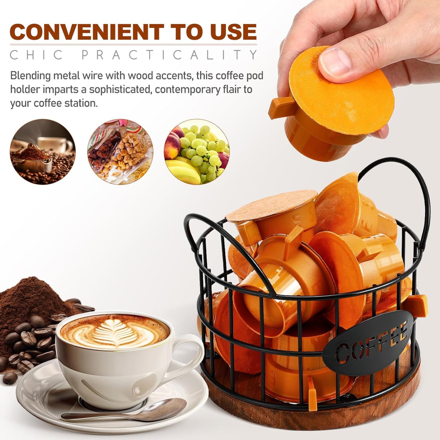 Kichvoe Coffee Pod Holder - Black Wire Coffee Capsule Basket with Wooden Base and Handles - Compact Station Organizer for Countertop - Multi-Functional Bar Accessory