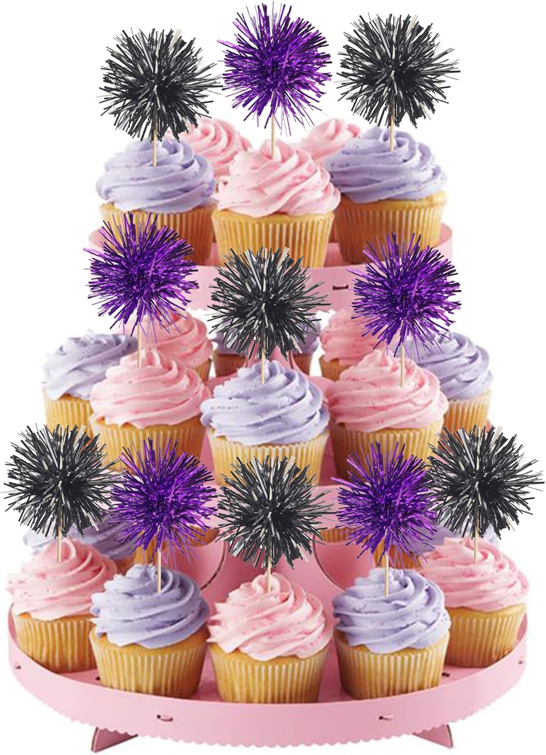 40 PCS Foil Firework Cupcake Toppers Sparkle Tinsel Cupcake Picks Fireworks Birthday Party Decorations Cocktail Fruit Toothpick for Birthday Wedding Graduation Party Decorations Supplies Black Purple