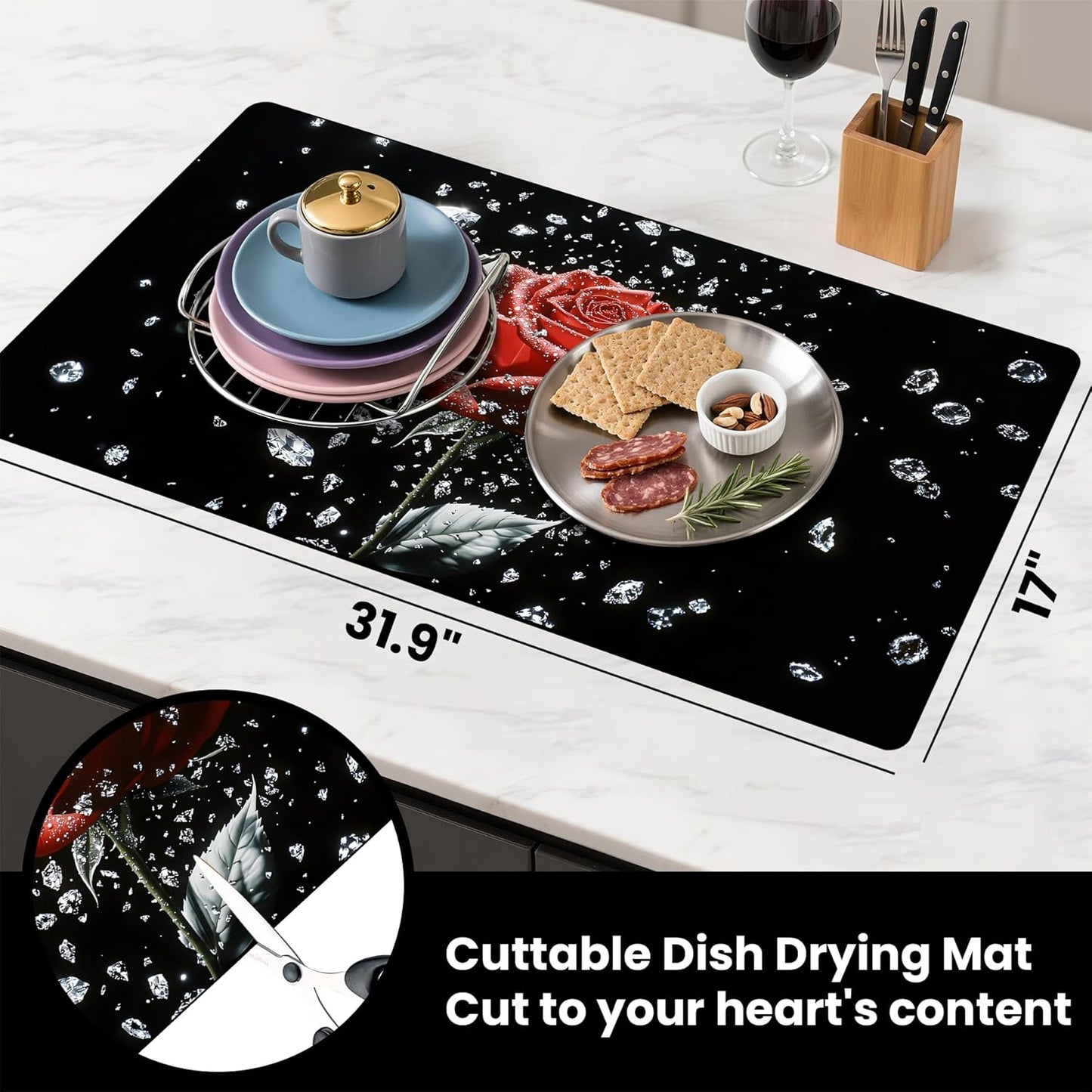 17"x 32" Coffee Bar Mat, Red Rose Absorbent Dish Drying Mat Cuttable Hide Stain Draining Table Pad for Kitchen Counter, Coffee Bar Accessories