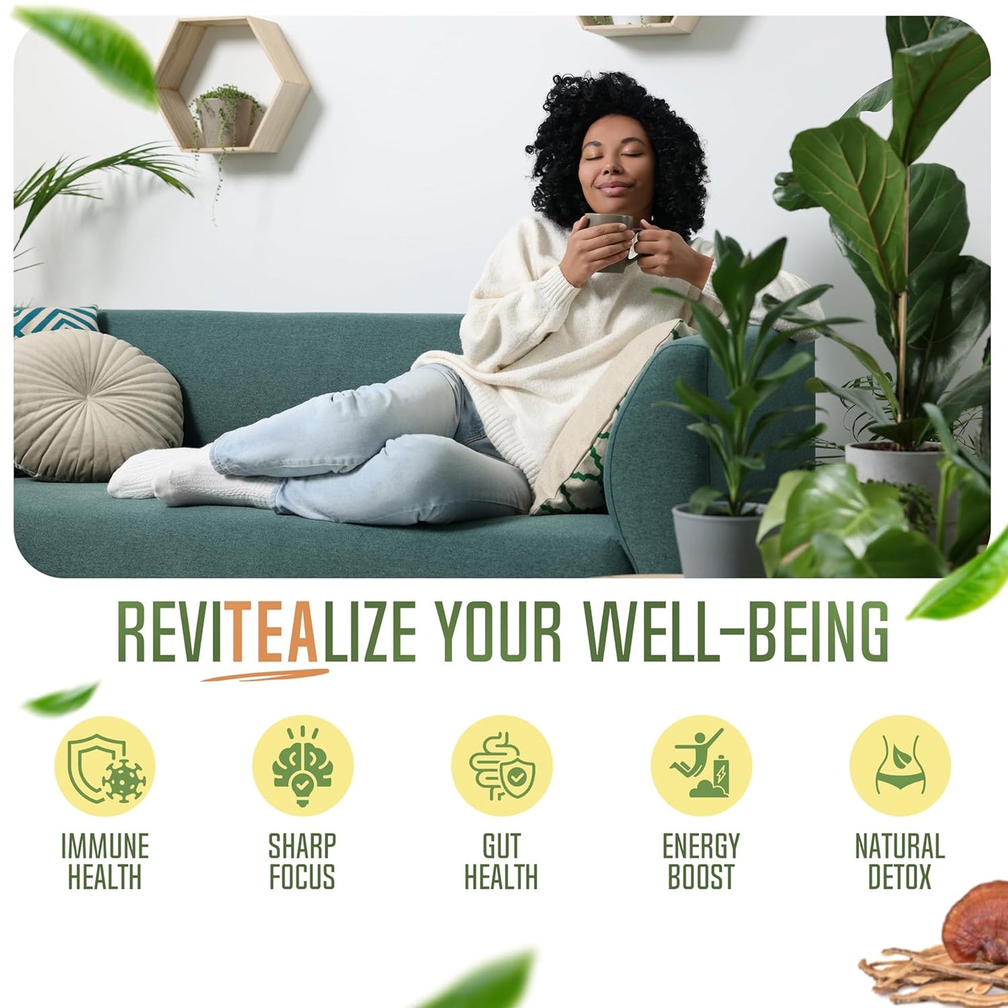 ReviTEAlize Organic Matcha Mushroom Powder - Organic Ceremonial Grade Blend - Coffee Alternative - Latte (30 Servings)