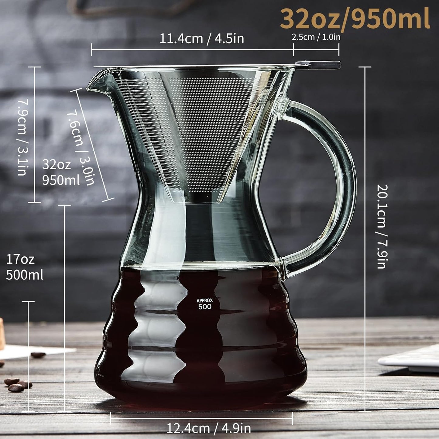 Unbreakable - Pour Over Coffee Maker with Permanent Stainless Filter 32 fl oz, Thickened Heat-Resistant Borosilicate Glass Dripper Coffee Brewer, Stovetop Safe, Ink