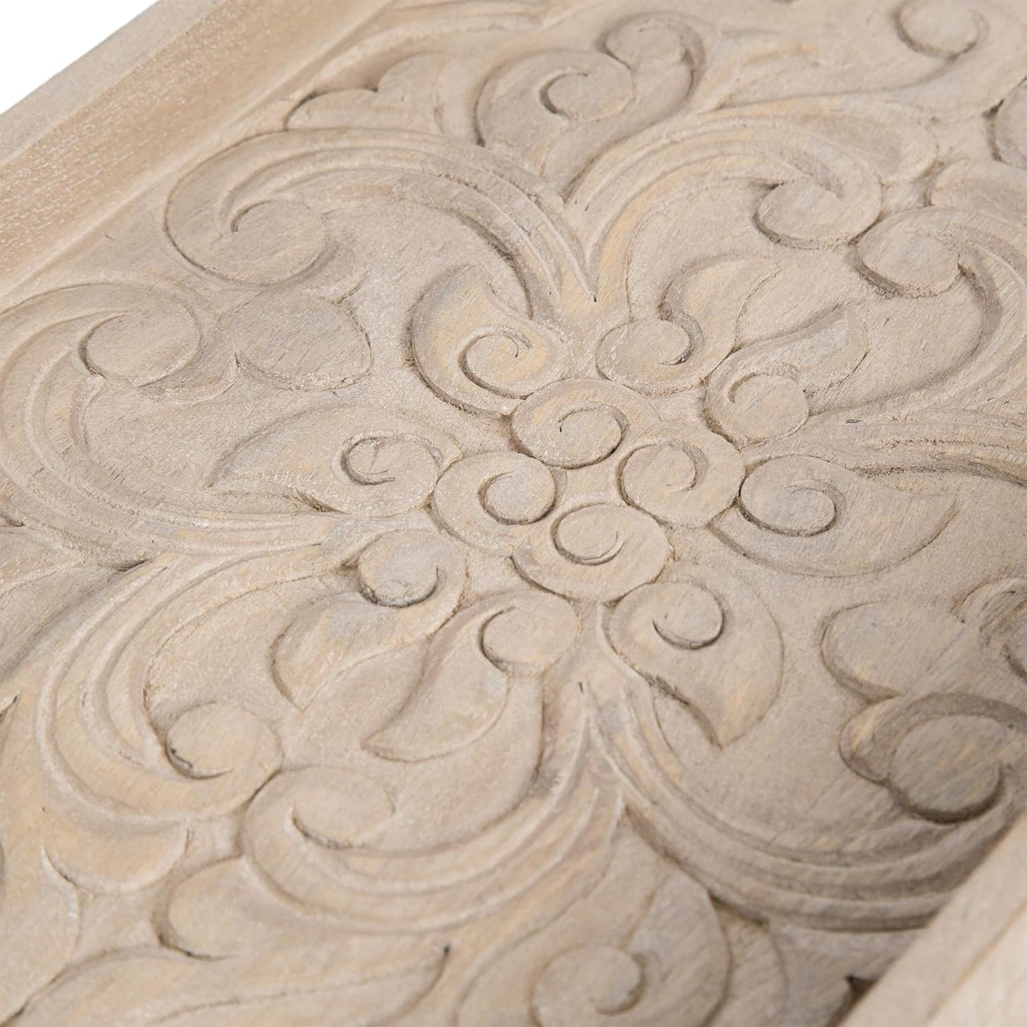 Kate and Laurel Adhira Carved Decorative Rectangle Tray, 24 x 10, Natural Wood, Traditional Display Tray with Handles and Hand Carved Wooden Pattern