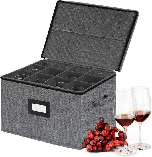 Wine Glass Sorage Box, Stemware Storage Cases with dividers, Hard Shell China Storage Containers 12 Cells for long stem, Stackable Crystal Glassware Storage with Label Window, Handles (Dark Grey)