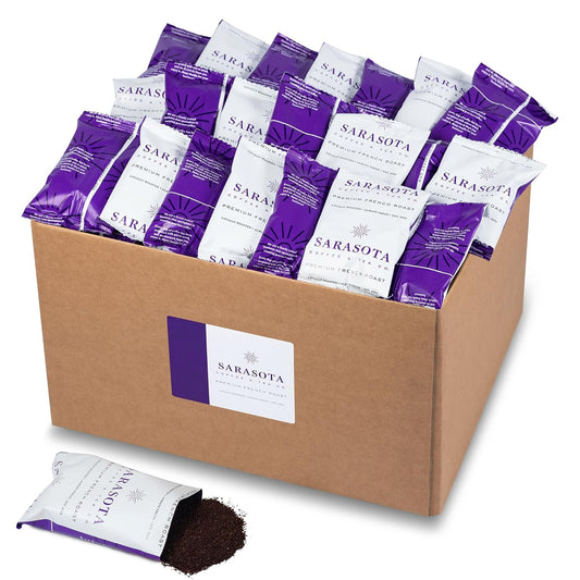 Sarasota Coffee Ground Packets | Low Acid Dark Roast Ground Coffee Packs | European French Roast | Mold Free and Individual Packets for 12 Cups | 1.75 Ounce Bags, 100 Count