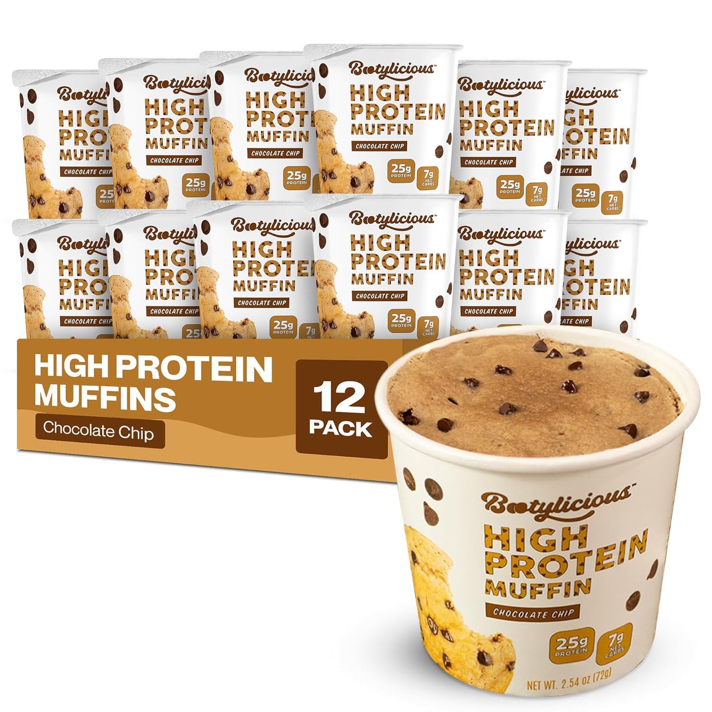 Bootylicious | High-Protein Muffin | 25g Protein, 7g Net Carbs, 1.86-1.76oz Cup, 12-Pack (Chocolate Chip)