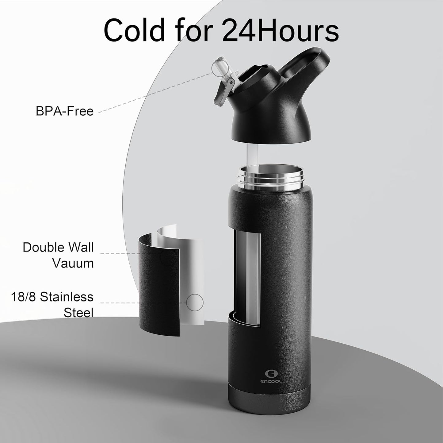 Insulated Water Bottle with Straw - Encool Stainless Steel Water Bottle, Reusable Leakproof and BPA-Free for Sports, Travel, Cold for 24 Hours, 32 oz, Black Night