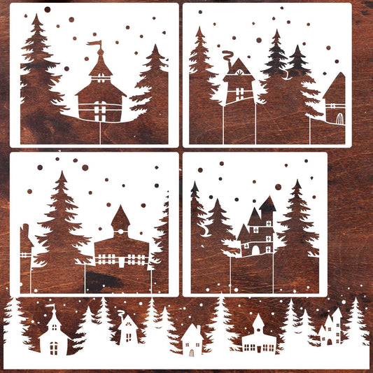 Christmas Stencils for Window Glass Large Christmas Village Stencil for Wood Christmas Tree House Holiday Drawing Templates for Painting on Wall Canvas Paper Doormat