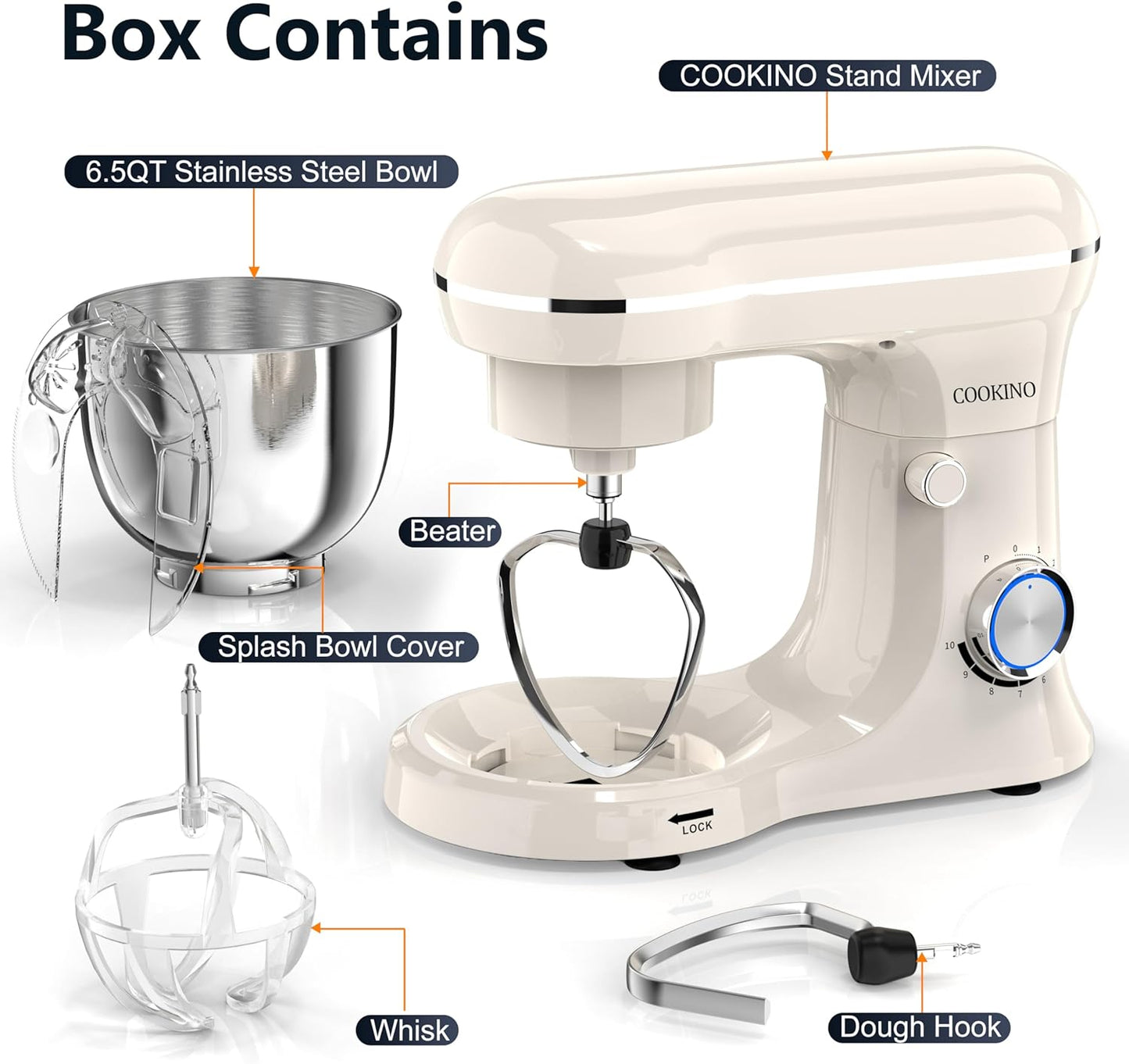 Electric Stand Mixer,10 Speeds Tilt-Head Food Mixer, 3-IN-1 Kitchen Mixer for Daily Cooks with 6.5 QT Bowl,Dough Hook, Beater, Whisk (Almond Cream)