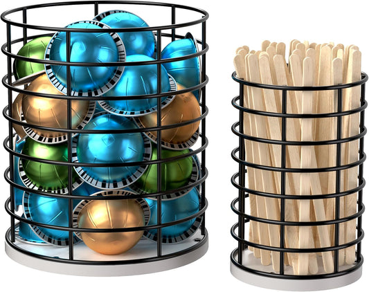 HBlife Coffee Pod Holder & Coffee Stirrers Holder Set, Metal Coffee Bar Accessories Large Capacity Kitchen Counter Decor for Keurig K cup & Nespresso Vertuo (Black Wire)