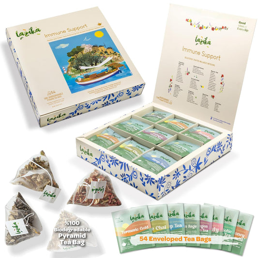 Lazika Herbal Tea Variety Pack with Lovely Presentation Box, 54 Counts, Immune Support Tea Assortment Gift Set, Premium Collection with Pyramid Infuser Bag, Handcrafted