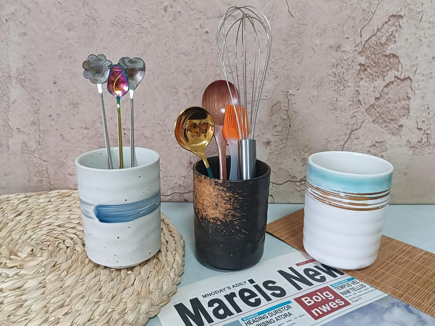 Stoneware Coffee Bar Utensil Holder Tea & Coffee Spoon & Stirrer Holder for Stir Stick Straw Teaspoon Holder Spoon Cup Small Utensil Jar (Fireworks)