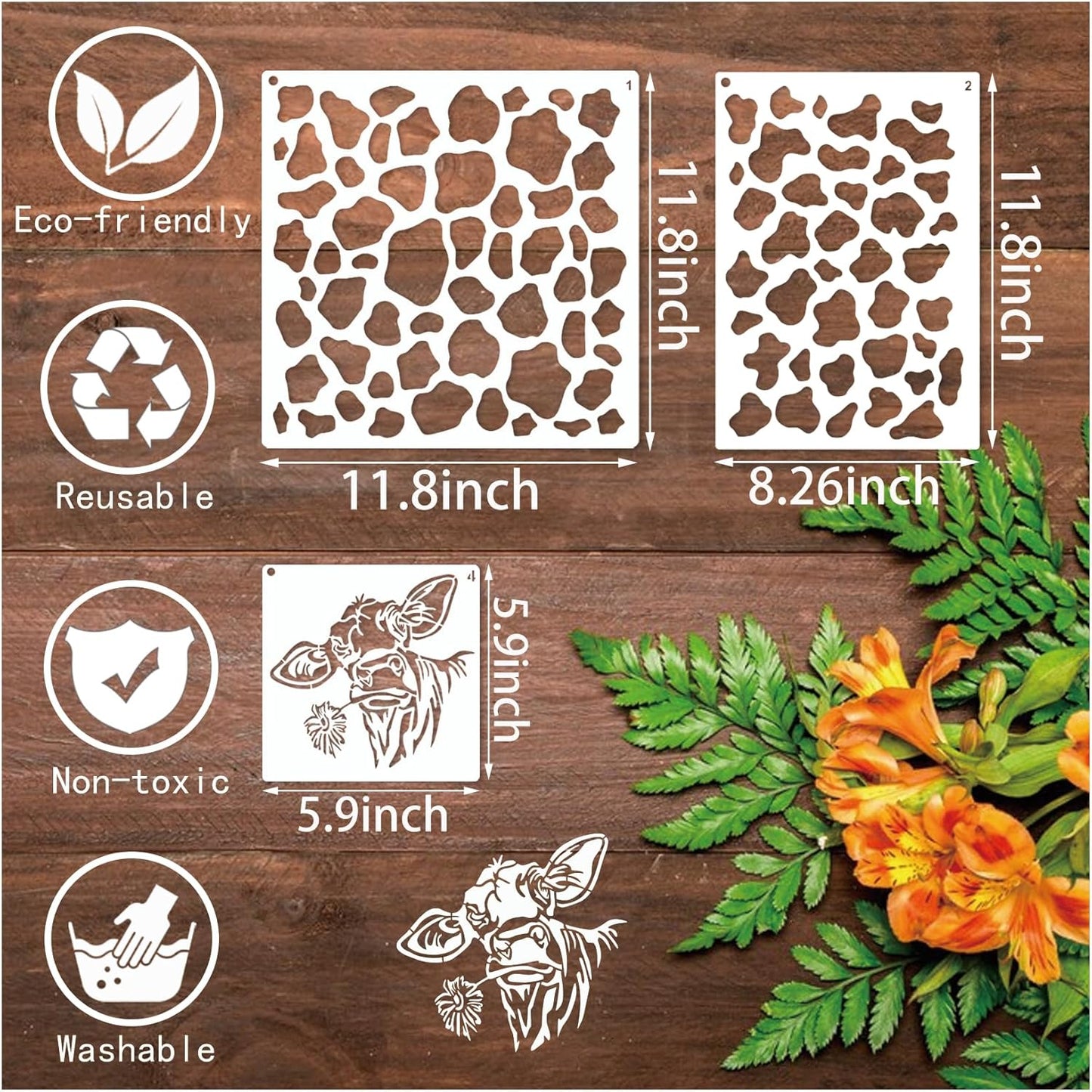 Leopard Print Cow Stencils - Reusable Animal Print Stencils for Painting, Wood Burning, DIY Art Craft on Fabric, Canvas, Furniture (11 Pieces)