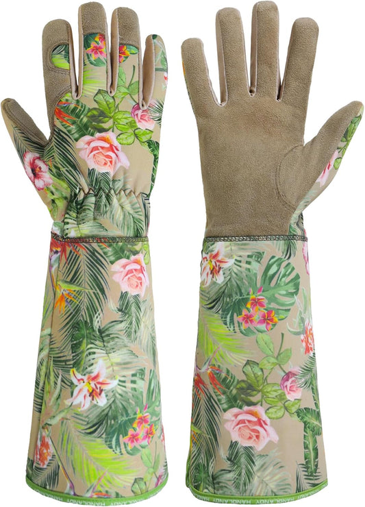 HANDLANDY Leather Gardening Gloves for Women, Scratch Resistant Breathable Ladies Rose Pruning Garden Gauntlet Yard Gloves, Gift for Gardeners (Khaki, M)