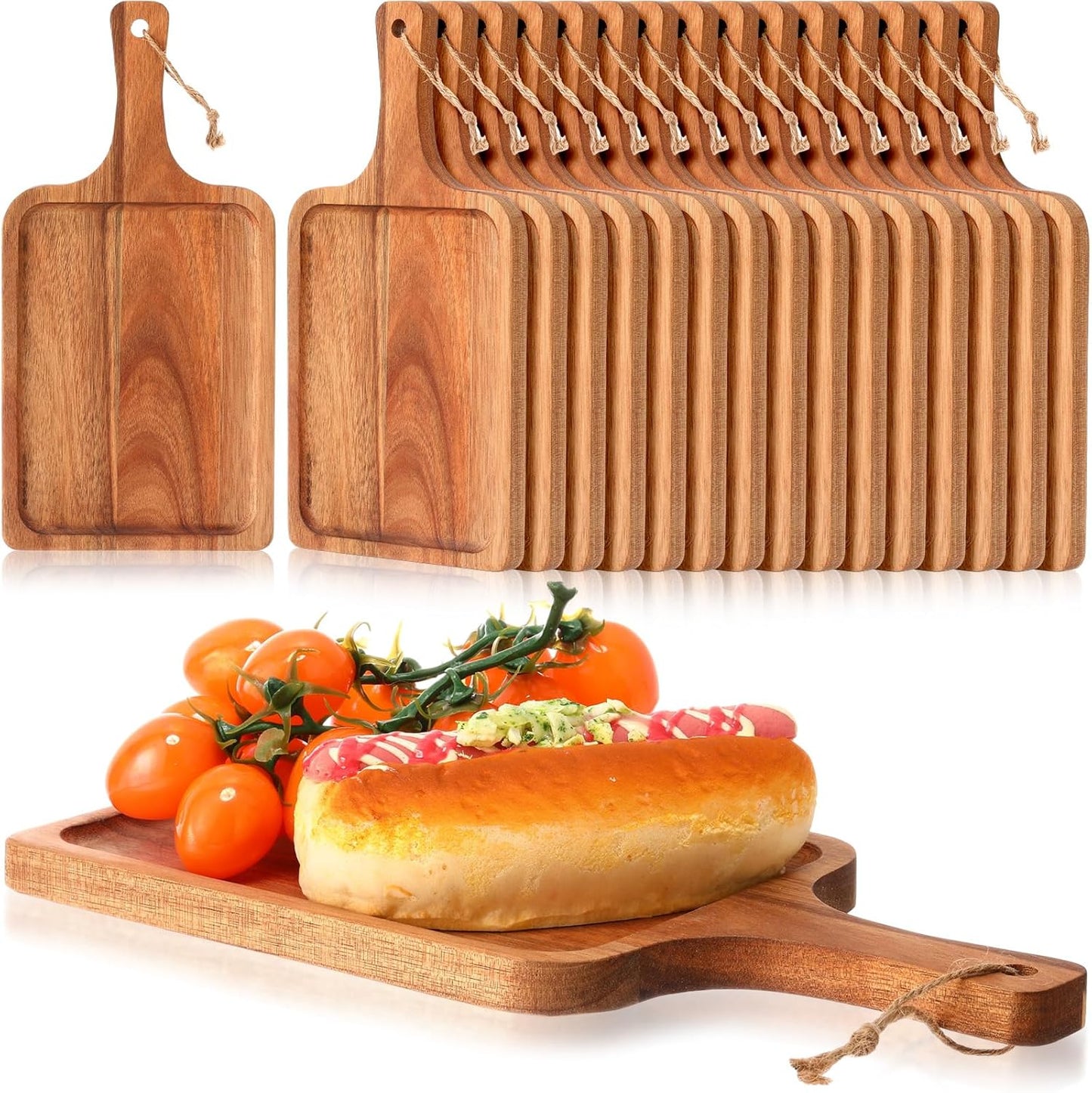Tanlade 16 Pcs Acacia Wood Cutting Board with Handle Chopping Boards Decorative Charcuterie Platter Pizza Bread Cheese Fruit Serving Tray for Kitchen Counter Table Christmas Decorate(12 x 6 Inch)