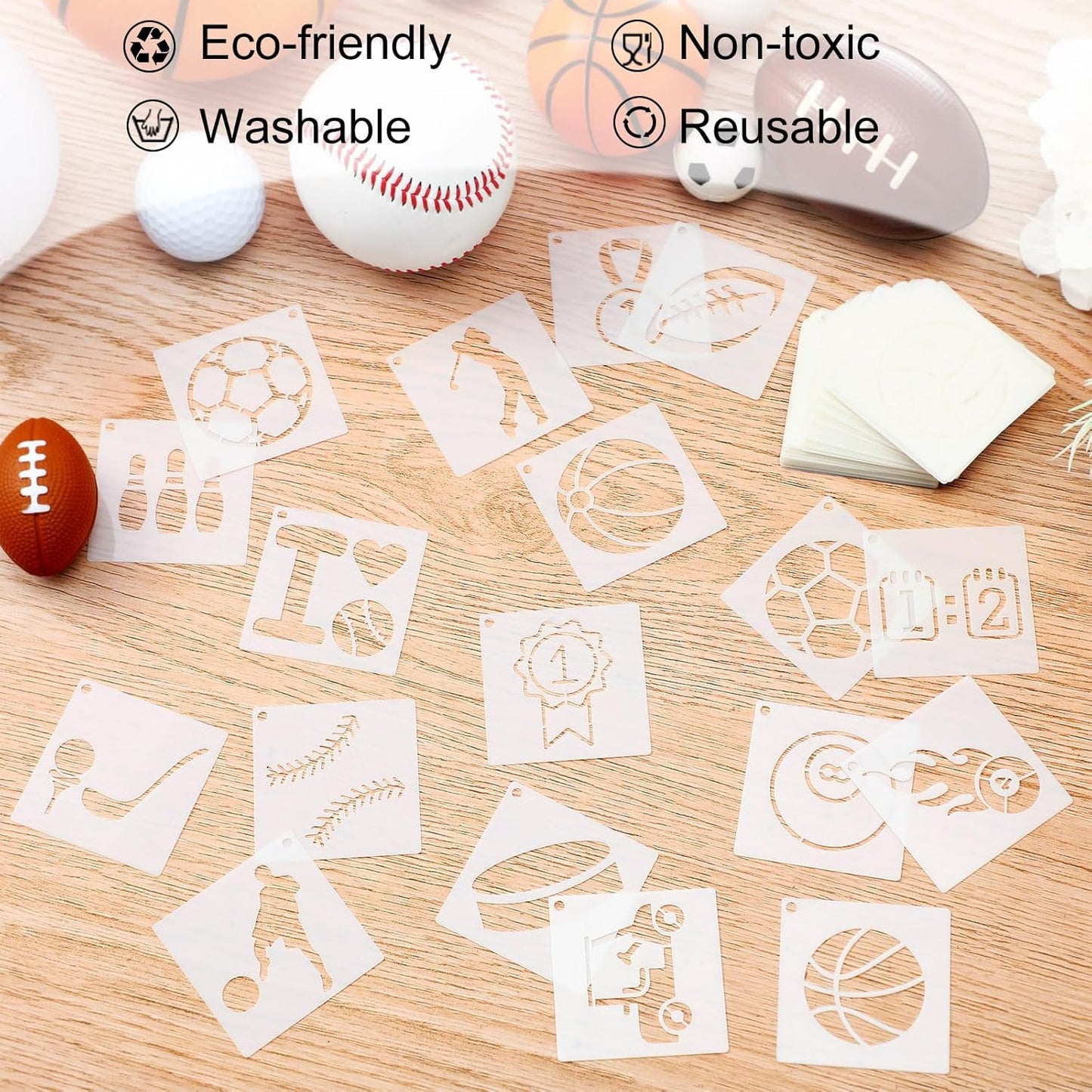 Fainne 100 Pcs Stencils for Painting on Wood Reusable Stencil Crafts Drawing Templates Holiday Wall Paper for DIY Scrapbook Home 2 x 2 Inch (Sport,Ball)
