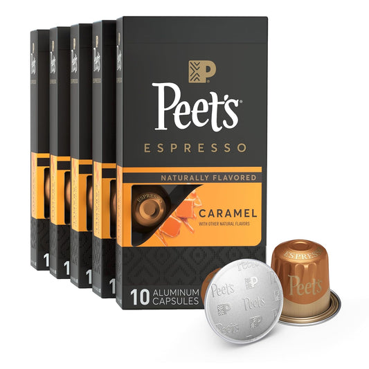 Peet's Coffee, Medium Roast Espresso Capsules, Compatible with Nespresso Original Machine - Caramel, 50 Count (5 Boxes of 10 Espresso Capsules)