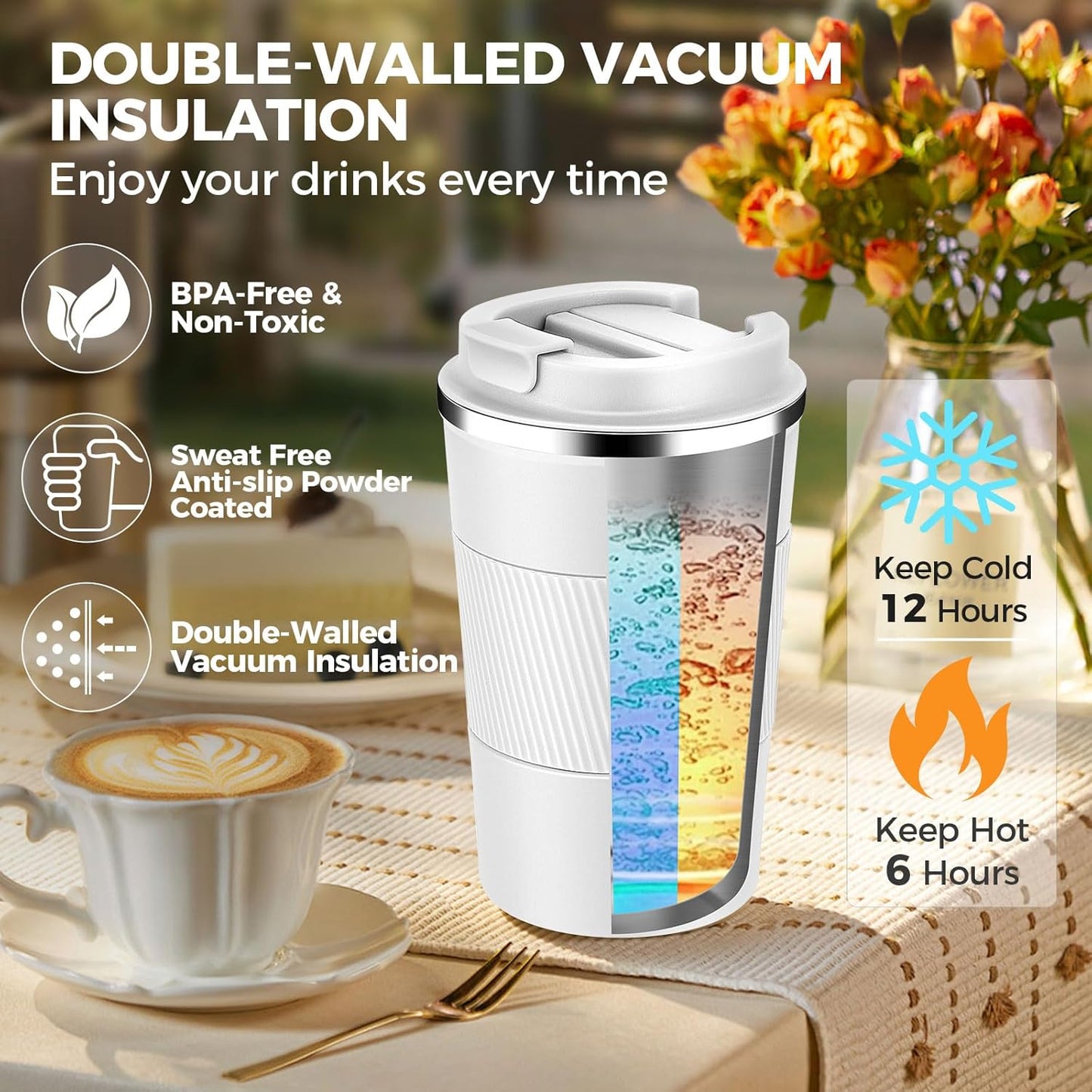 Volhoply 13 oz Stainless Steel Insulated Travel Coffee Mug with Fip Lid,Reusable Double Wall Vacuum Metal Coffee Cup,Portable to Go Leak Proof Cafe Thermal Tumbler for Hot & Cold Drinks(White,1)