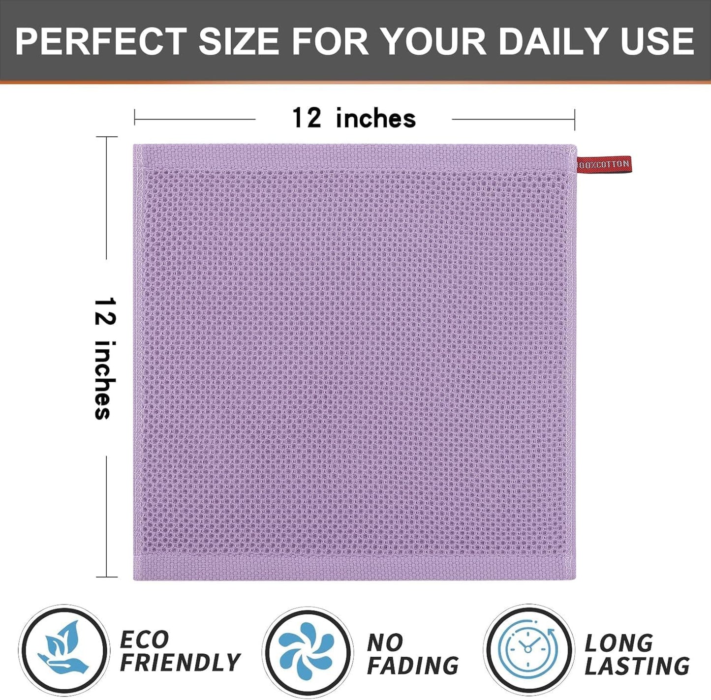 Kitinjoy 100% Cotton Kitchen Dish Cloths, 8 Pack Waffle Weave Ultra Soft Absorbent Dish Towels for Drying Dishes Quick Drying Kitchen Towels Dish Rags, 12 X 12 Inches, Lavender