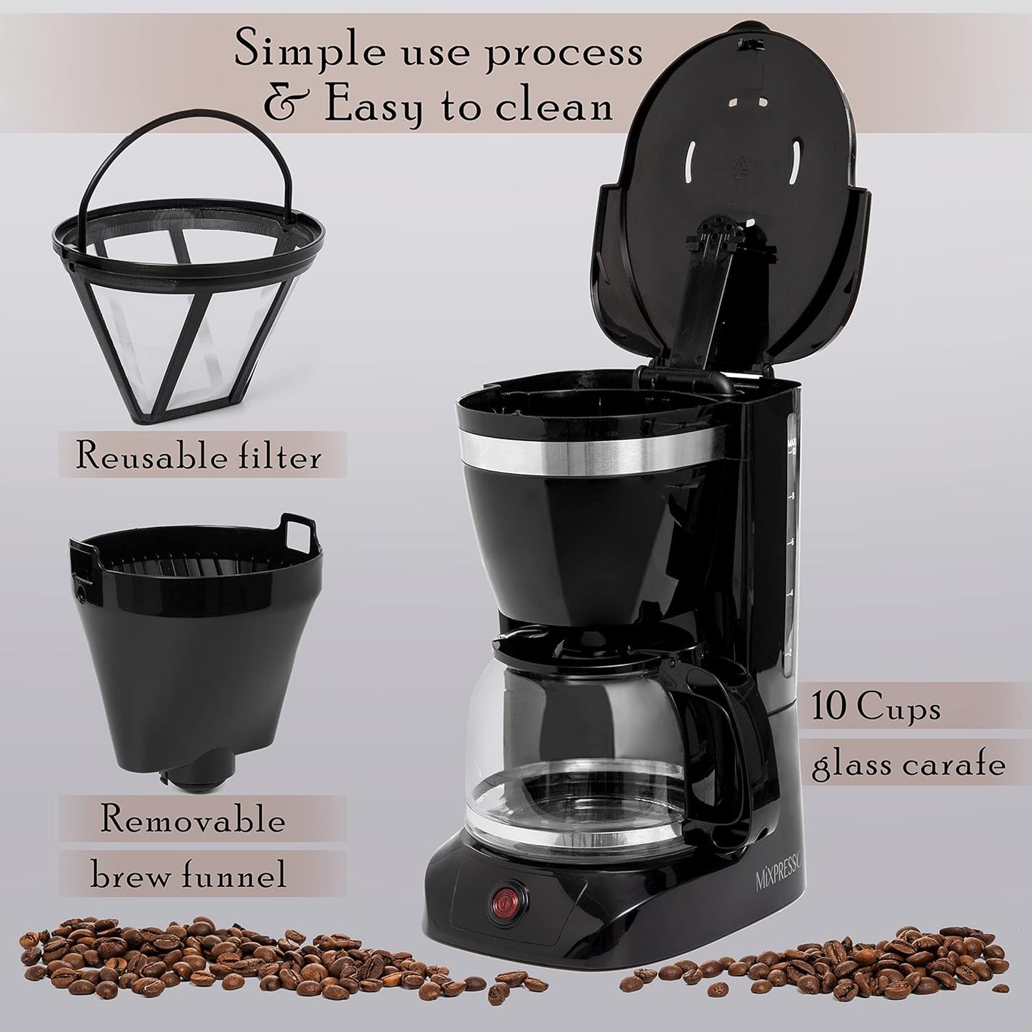 Mixpresso 10-Cup Drip Coffee Maker, Black Coffee Pot With Reusable Filter
