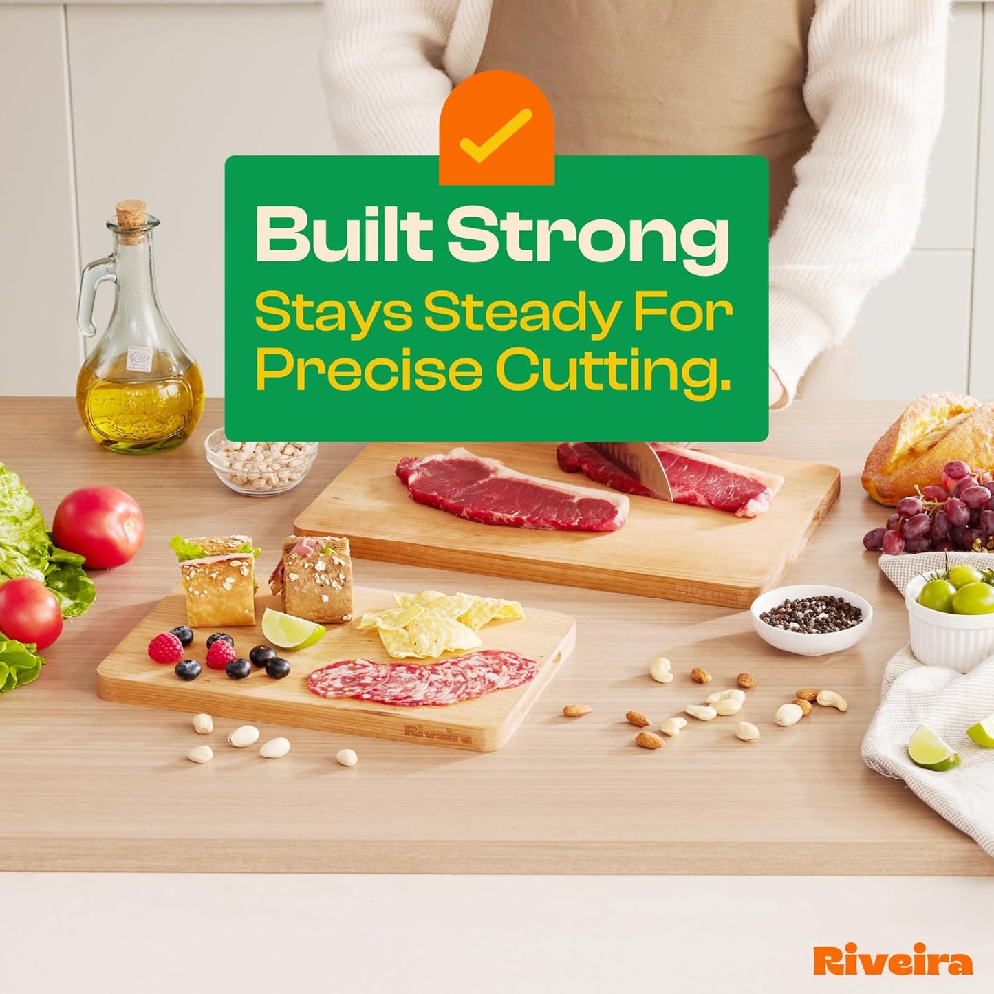 Riveira Cherry Wood Cutting Board – Versatile And Durable: Set Of 2 Pcs Rectangular Wooden Cutting Board – Natural Wooden Cutting Boards For Kitchen – Complete Cherry Wooden Chopping Board