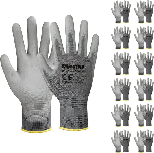 DULFINE Safety Work Gloves PU Coated-12 Pairs,Grey Seamless Knit Glove with Polyurethane Coated Smooth Grip on Palm & Fingers, for Men and Women, Ideal for General Duty Work (Large)