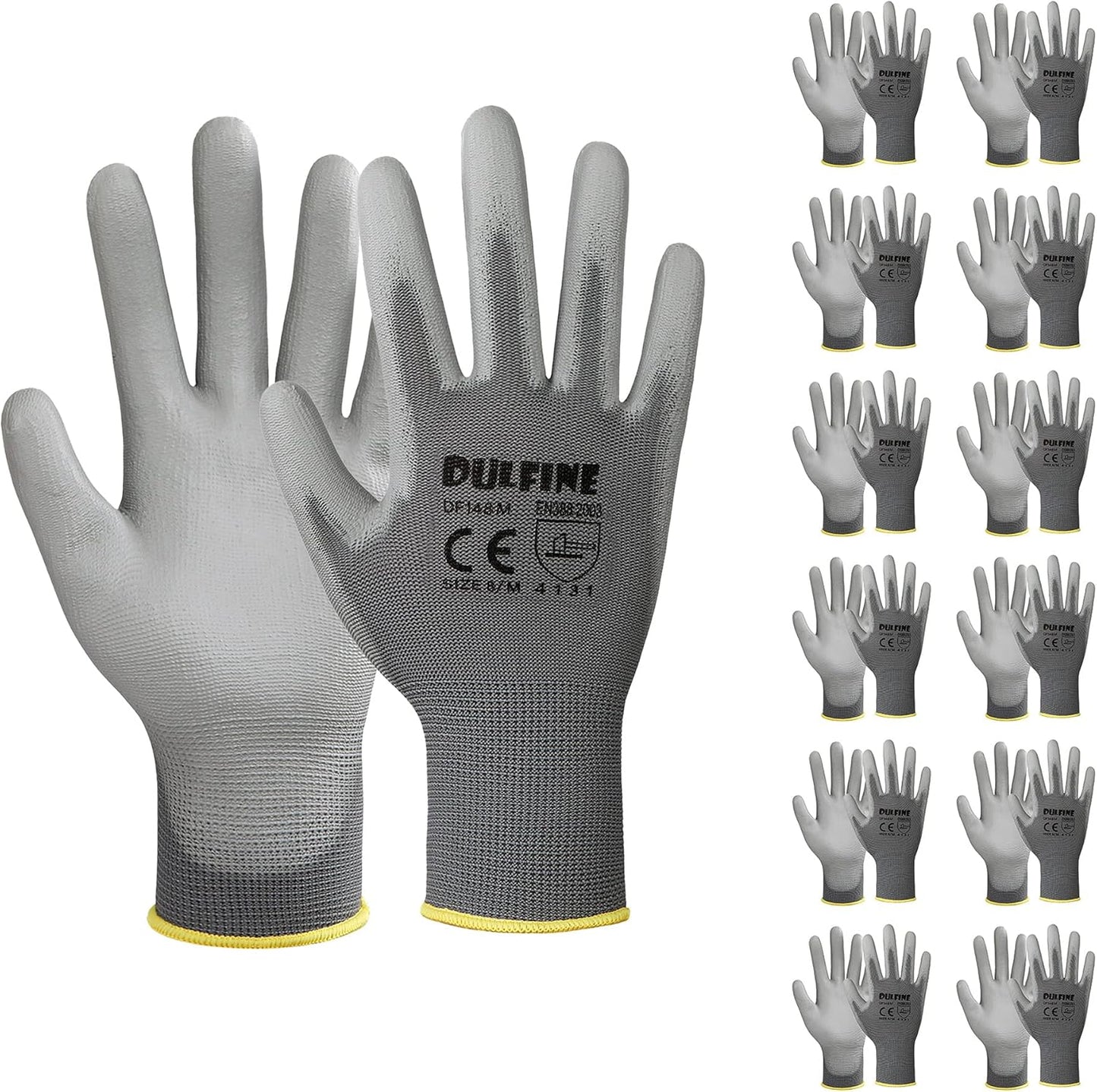 DULFINE Safety Work Gloves PU Coated-12 Pairs,Grey Seamless Knit Glove with Polyurethane Coated Smooth Grip on Palm & Fingers, for Men and Women, Ideal for General Duty Work (XX-Large)