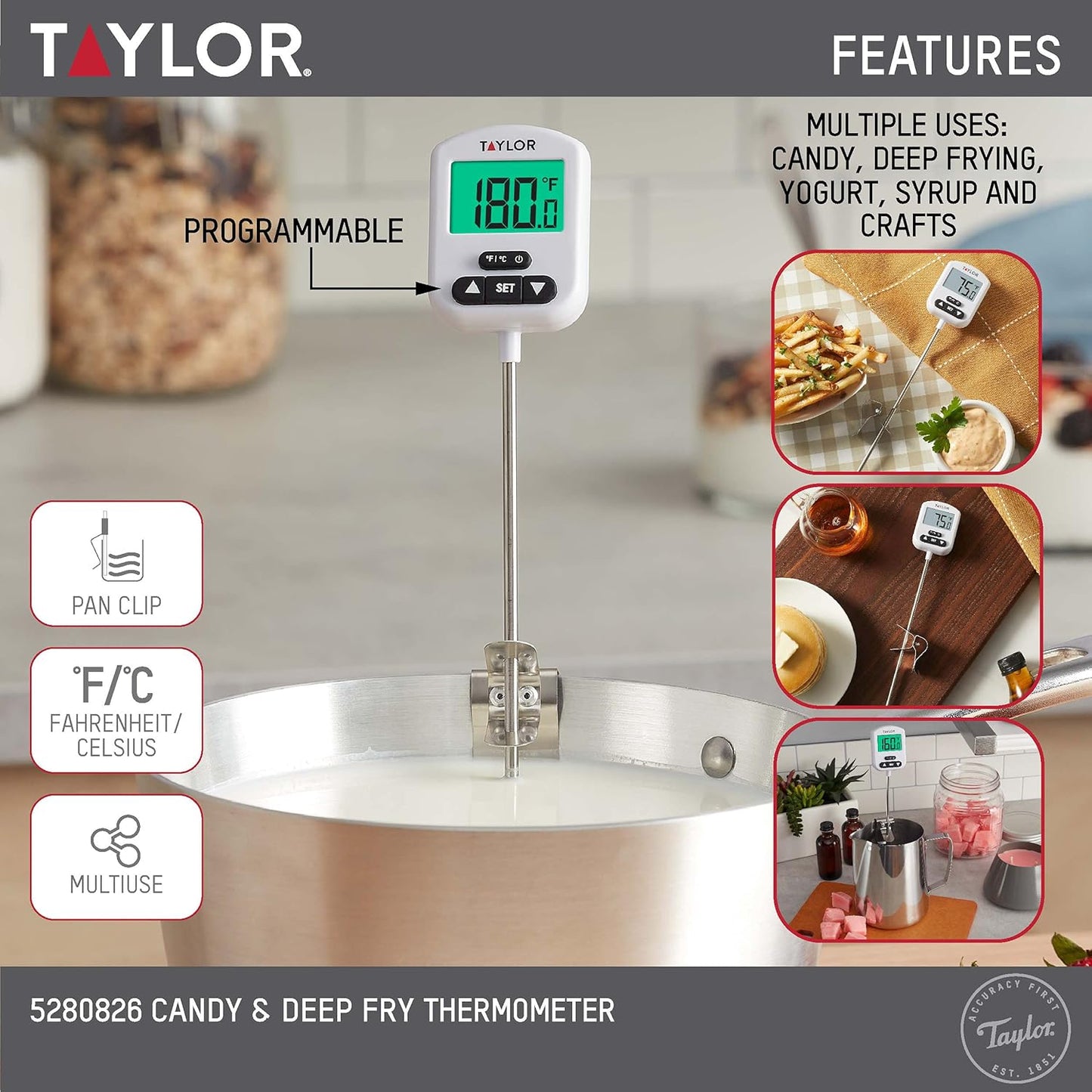 Taylor Programmable Digital Candy and Deep Fry Thermometer with Green Light Alert Display, Long Stem, and Adjustable Pan Clip, White