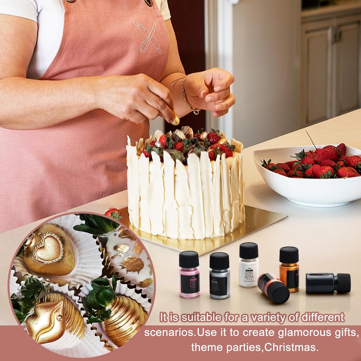 Edible Glitter Paint - 2 fl.oz Food Grade Metallic Glitter Cake Paint for Cake Decorating, Baking, Cupcakes - Shimmer Art Decorative Liquid Edible Paint Food Coloring for Fondant, Donuts (White)